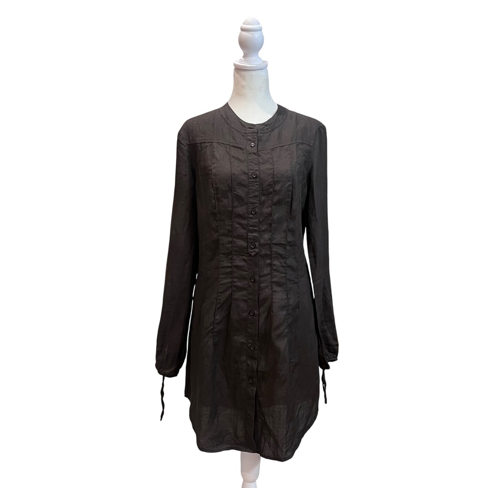 Sisley Tunic Top Brown Ramie Long Sleeve Button Down Career Casual EUC
